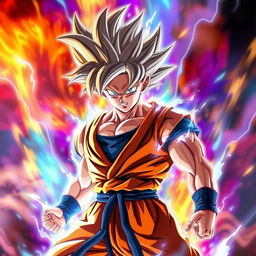 Goku from Dragon Ball in his Ultra Instinct form, showcasing intricate details of his hair and muscle definition, surrounded by a vibrant aura of energy