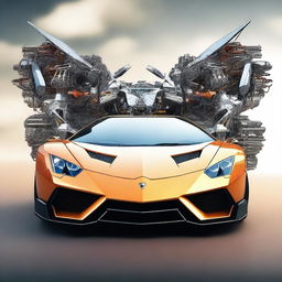 This is a high-quality digital art piece depicting a Lamborghini transforming into a mecha