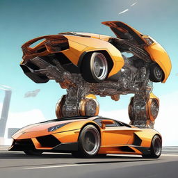 This is a high-quality digital art piece depicting a Lamborghini transforming into a mecha