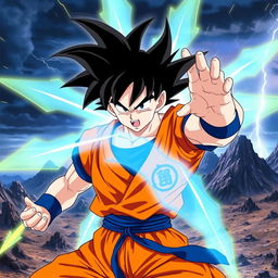 Goku in his latest transformation from Dragon Ball, depicted in a powerful heroic pose