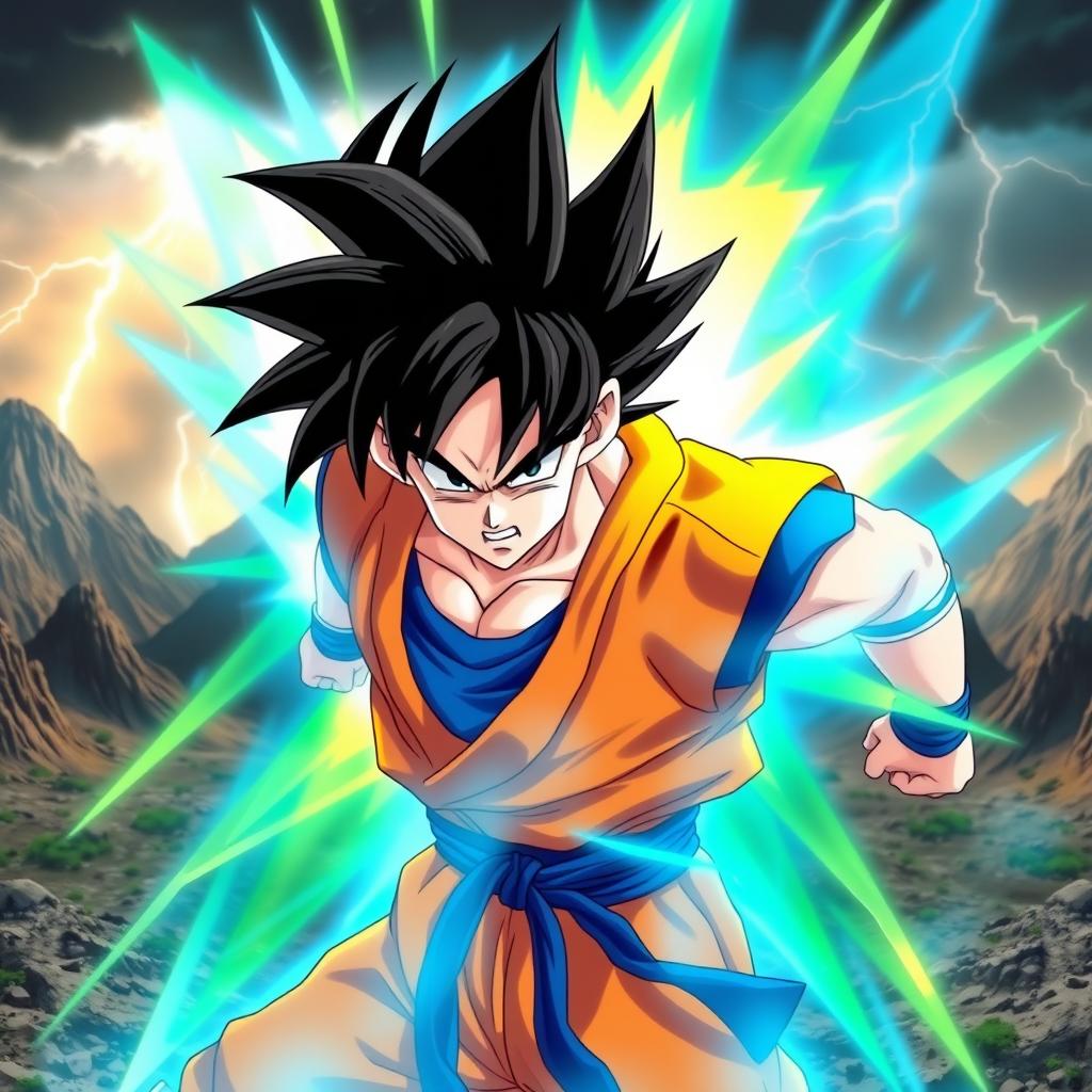 Goku in his latest transformation from Dragon Ball, depicted in a powerful heroic pose