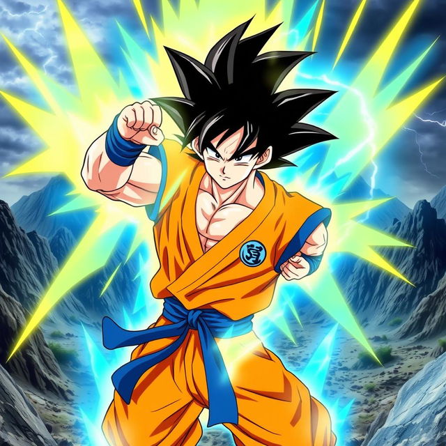 Goku in his latest transformation from Dragon Ball, depicted in a powerful heroic pose