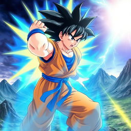 Goku in his latest transformation from Dragon Ball, depicted in a powerful heroic pose