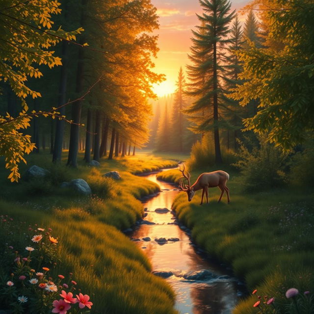 A serene and lush forest landscape during golden hour, with sunlight filtering through the leaves creating a warm, magical glow