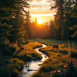 A serene and lush forest landscape during golden hour, with sunlight filtering through the leaves creating a warm, magical glow