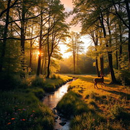 A serene and lush forest landscape during golden hour, with sunlight filtering through the leaves creating a warm, magical glow