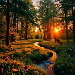 A serene and lush forest landscape during golden hour, with sunlight filtering through the leaves creating a warm, magical glow