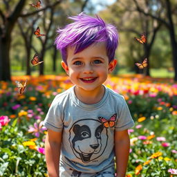 A young boy with striking purple hair and vibrant purple eyes, smiling and playing in a colorful park filled with flowers