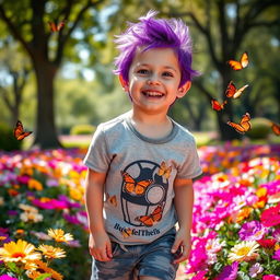 A young boy with striking purple hair and vibrant purple eyes, smiling and playing in a colorful park filled with flowers