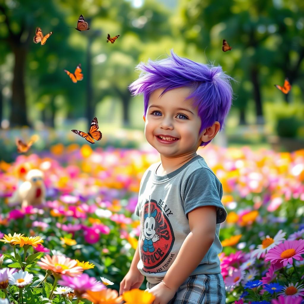 A young boy with striking purple hair and vibrant purple eyes, smiling and playing in a colorful park filled with flowers