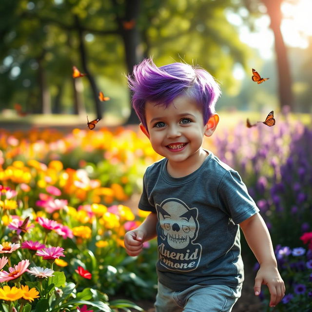 A young boy with striking purple hair and vibrant purple eyes, smiling and playing in a colorful park filled with flowers