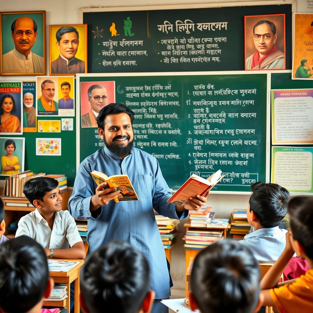 A charismatic male Bengali teacher passionately engaging with his students in a vibrant classroom filled with educational posters and books