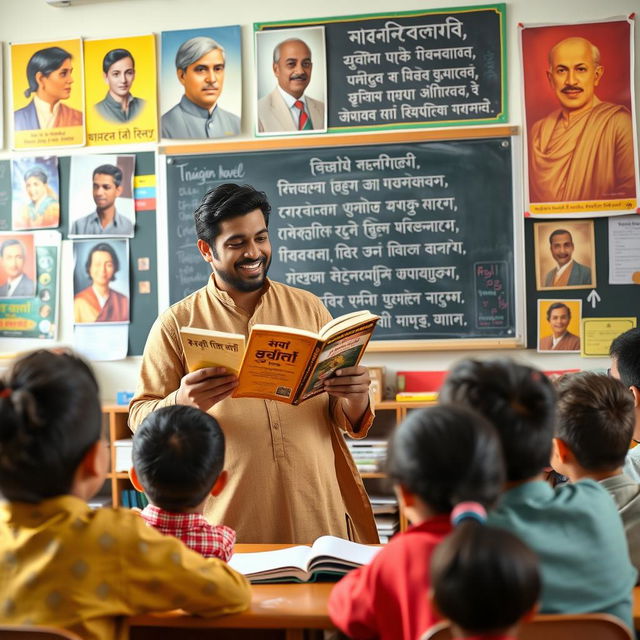 A charismatic male Bengali teacher passionately engaging with his students in a vibrant classroom filled with educational posters and books