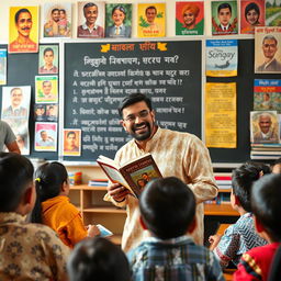 A charismatic male Bengali teacher passionately engaging with his students in a vibrant classroom filled with educational posters and books