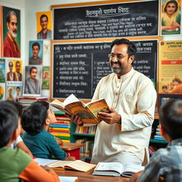 A charismatic male Bengali teacher passionately engaging with his students in a vibrant classroom filled with educational posters and books