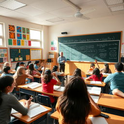 A vibrant and engaging high school math classroom filled with students actively participating in a lesson