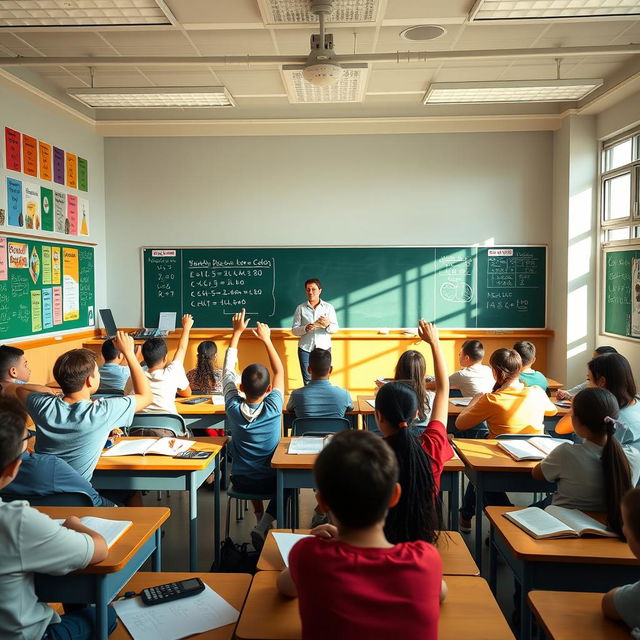 A vibrant and engaging high school math classroom filled with students actively participating in a lesson