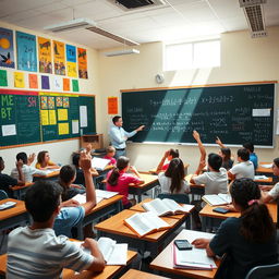 A vibrant and engaging high school math classroom filled with students actively participating in a lesson