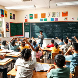 A vibrant and engaging high school math classroom filled with students actively participating in a lesson
