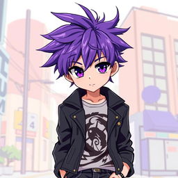 An anime boy with vibrant purple hair styled in a trendy, windswept manner, featuring bright purple eyes that reflect curiosity and charm