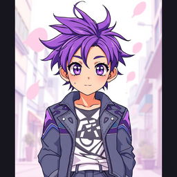 An anime boy with vibrant purple hair styled in a trendy, windswept manner, featuring bright purple eyes that reflect curiosity and charm
