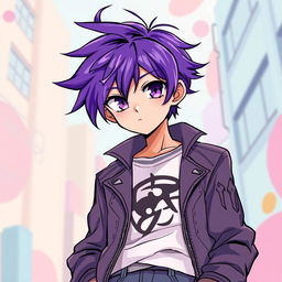 An anime boy with vibrant purple hair styled in a trendy, windswept manner, featuring bright purple eyes that reflect curiosity and charm