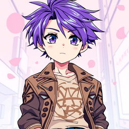 An anime boy with vibrant purple hair styled in a trendy, windswept manner, featuring bright purple eyes that reflect curiosity and charm