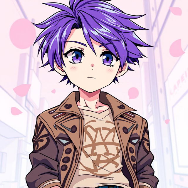An anime boy with vibrant purple hair styled in a trendy, windswept manner, featuring bright purple eyes that reflect curiosity and charm