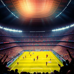 A grand, brightly lit football stadium filled with thousands of cheering fans