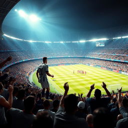 A grand, brightly lit football stadium filled with thousands of cheering fans