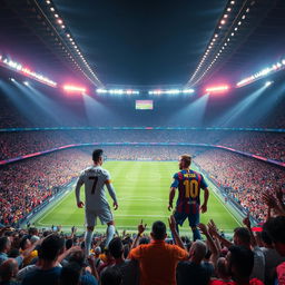 A grand, brightly lit football stadium filled with thousands of cheering fans