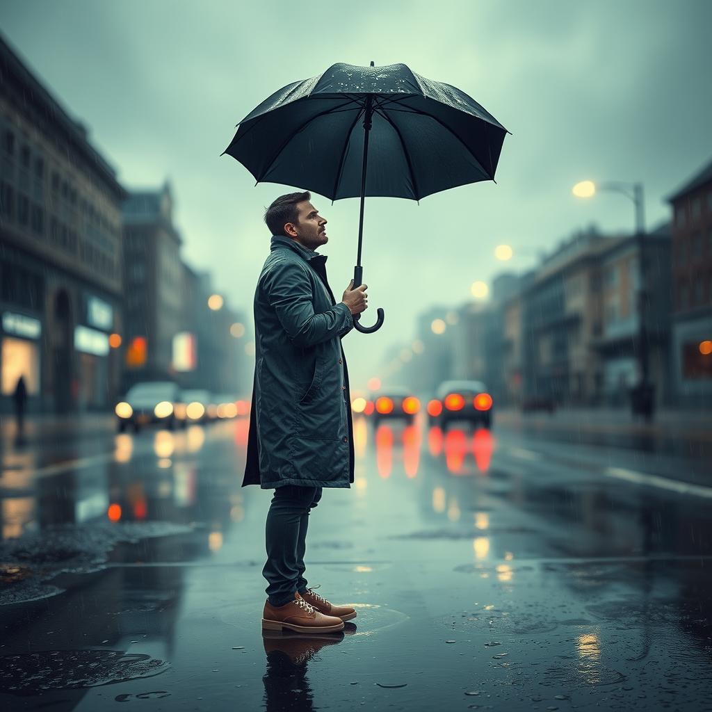 A scene depicting a man holding an umbrella, standing on a rain-soaked street