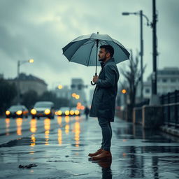 A scene depicting a man holding an umbrella, standing on a rain-soaked street
