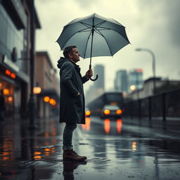 A scene depicting a man holding an umbrella, standing on a rain-soaked street