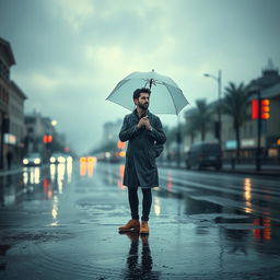 A scene depicting a man holding an umbrella, standing on a rain-soaked street