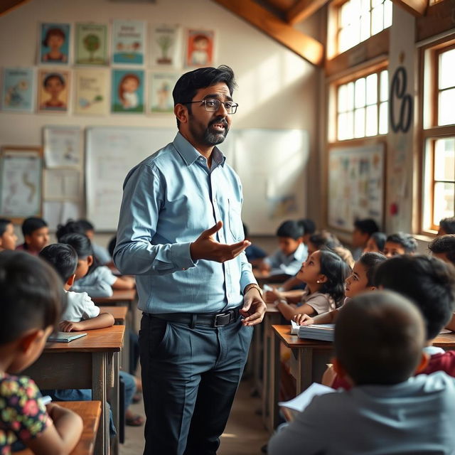 A confident Bengali male teacher standing in front of a traditional classroom filled with students of diverse backgrounds