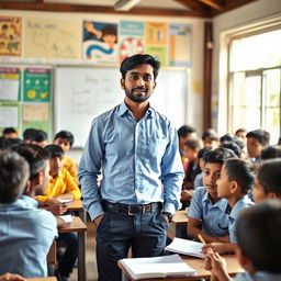 A confident Bengali male teacher standing in front of a traditional classroom filled with students of diverse backgrounds