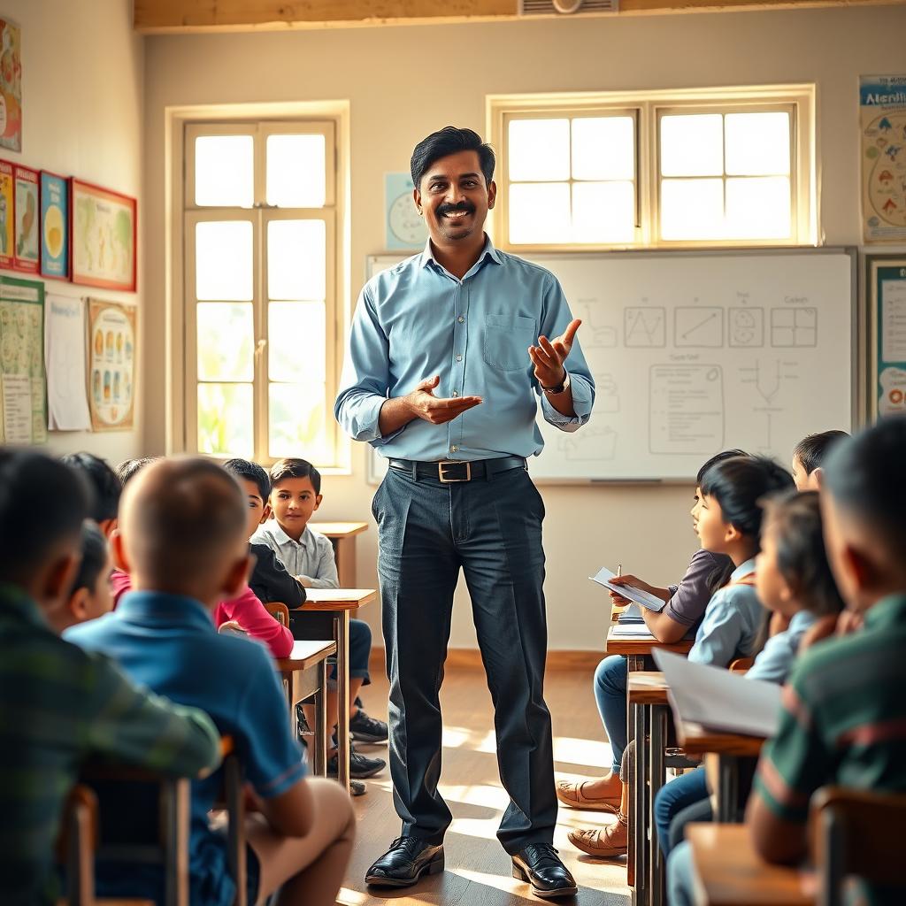 A confident Bengali male teacher standing in front of a traditional classroom filled with students of diverse backgrounds
