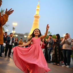 A girl wearing a flowing nightgown, gracefully dancing in front of the iconic Azadi Tower in Tehran, Iran