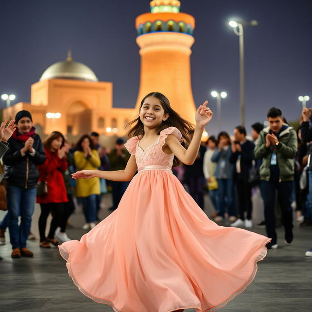 A girl wearing a flowing nightgown, gracefully dancing in front of the iconic Azadi Tower in Tehran, Iran