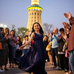 A girl wearing a flowing nightgown, gracefully dancing in front of the iconic Azadi Tower in Tehran, Iran