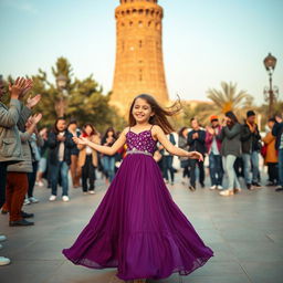 A girl wearing a flowing nightgown, gracefully dancing in front of the iconic Azadi Tower in Tehran, Iran