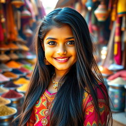 A beautiful Indian girl with long, flowing black hair, wearing a vibrant traditional outfit called a lehenga