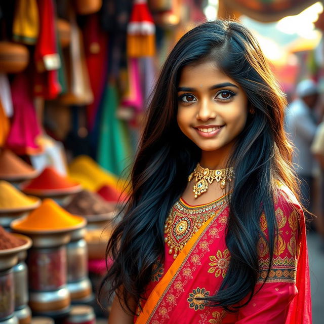 A beautiful Indian girl with long, flowing black hair, wearing a vibrant traditional outfit called a lehenga