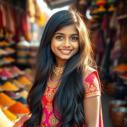 A beautiful Indian girl with long, flowing black hair, wearing a vibrant traditional outfit called a lehenga