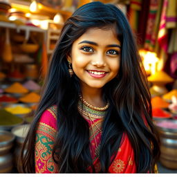 A beautiful Indian girl with long, flowing black hair, wearing a vibrant traditional outfit called a lehenga