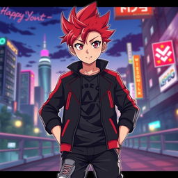 An anime boy with striking red hair styled in a spiky fashion, emphasizing his dynamic personality