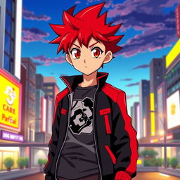 An anime boy with striking red hair styled in a spiky fashion, emphasizing his dynamic personality