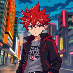 An anime boy with striking red hair styled in a spiky fashion, emphasizing his dynamic personality