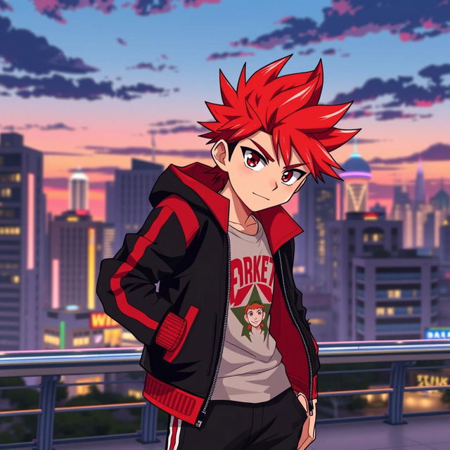 An anime boy with striking red hair styled in a spiky fashion, emphasizing his dynamic personality